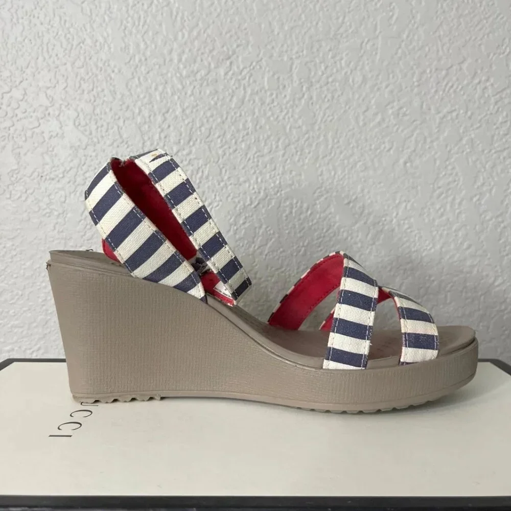 Crocs Leigh 15313 Wedge Sandals Ankle Strappy White Striped Women's Size 9 US - Picture 2 of 11